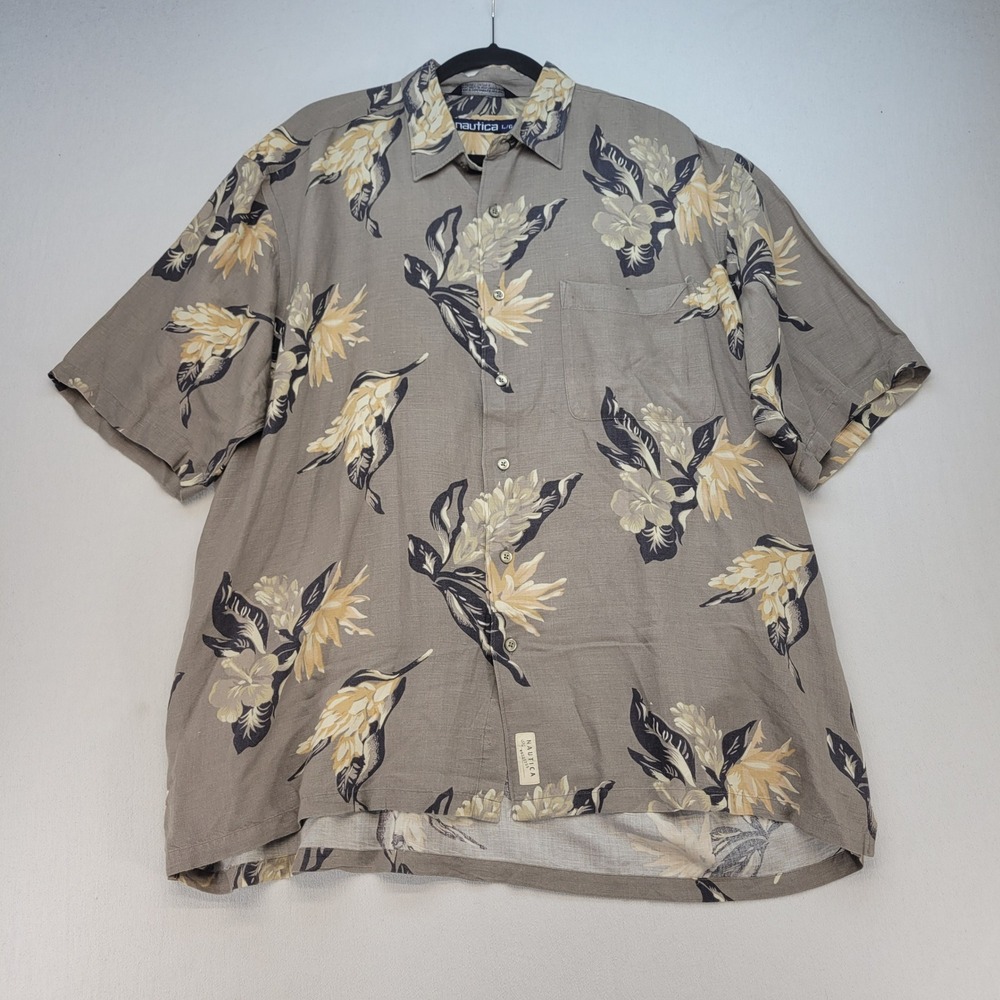 Nautica Button Up Shirt Mens Large Gray Floral Linen Blend Tropical Short Sleeve